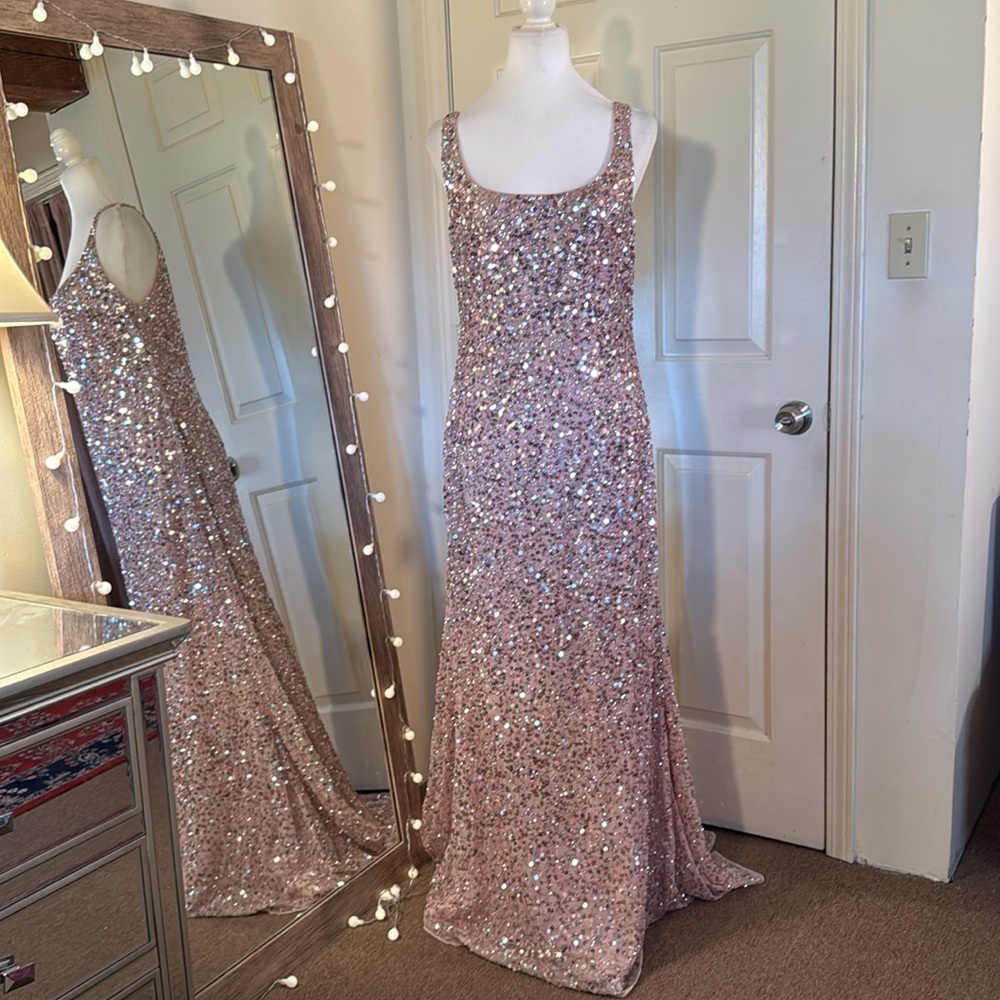 MAC DUGGAL
Pink Sequined Low Back Slip Gown - Picture 4 of 17